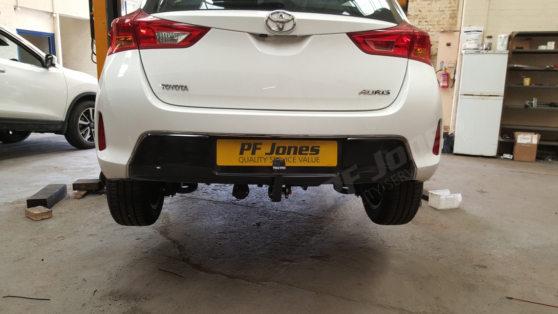 Toyota Auris fitted with a Westfalia detachable swan neck towbar and single socket electris.