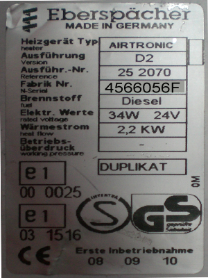Eberspacher service tag